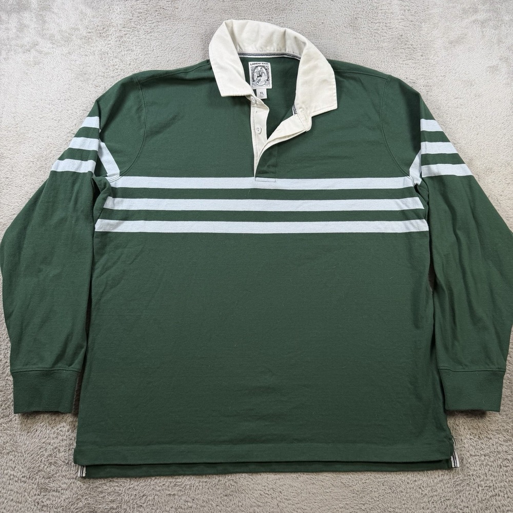 Vintage Lands End Rugby Shirt Mens XL Green Striped Long Sleeve Rubber Button